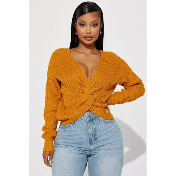 NWT Fashion Nova Cable Knit Knot Back Sweater in Mustard Size Medium - Picture 4 of 4